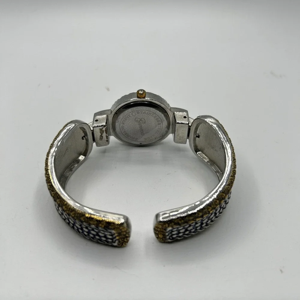 Geneva Cuff Watch Womens Two-Tone Silver Gold Textured Bangle Japan Movt Good